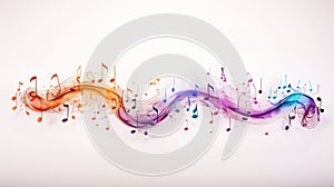 Multicolored musical abstract background with neural network flying notes on white backdrop
