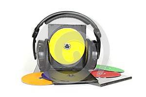 Multicolored musical CD disks on white background