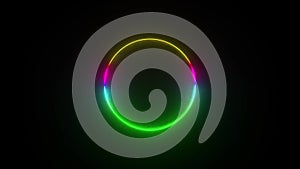 Multicolored neon circle. Motion background seamless loop. Abstract futuristic hi-tech. Coloured circle with various rotations and