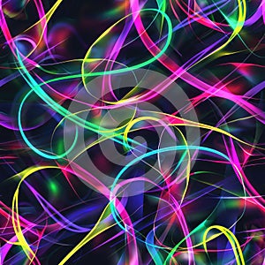 Multicolored neon loops twist and turn against a dark backdrop