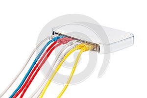 Multicolored network cables connected to router on a white background