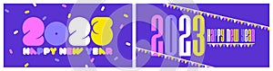 Multicolored numbers 2023 and happy New Year greetings on purple background. Retro style vector illustration for holiday calendar