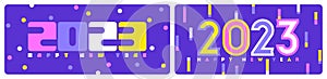 Multicolored numbers 2023 and happy New Year greetings on purple background. Retro style vector illustration for holiday calendar