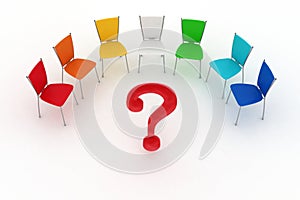 Multicolored office chairs and question mark