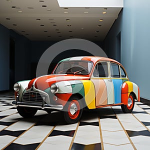 Multicolored Old Car In Op Art Style: Vray Tracing, Group F64, Cinquecento