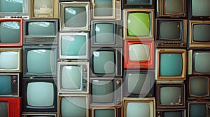 Multicolored old TVs are stacked. They are outdated