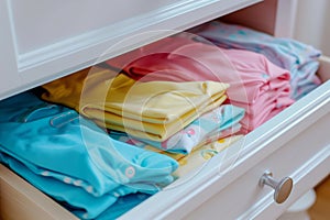 multicolored onesies folded in a nursery drawer