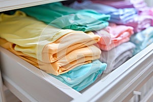 multicolored onesies folded in a nursery drawer