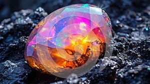 Multicolored opal stone on dark rocky surface