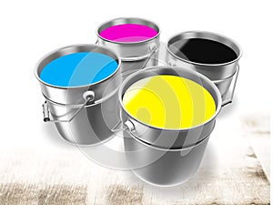 Multicolored Paint Cans on light background