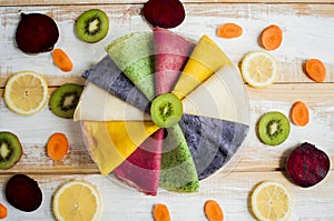 Multicolored pancakes lined on plate in a circle and decorated with pieces of beetroot, lemon, carrot, kiwis,