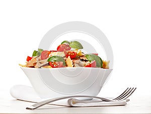 Multicolored pasta on light background