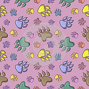 Multicolored paw prints of different animals, cartoon style, seamless square pattern