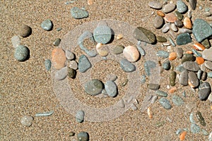 Multicolored pebble on wet sand