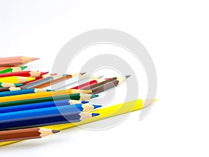 Multicolored pencils with free space for text on white background, Color pencils isolated