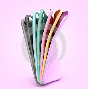 Multicolored phone cases presentation for showcase 3d render on color gradient