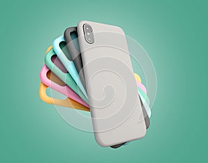 Multicolored phone cases presentation for showcase 3d render on green gradient