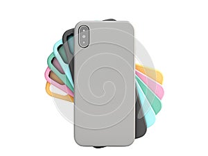 Multicolored phone cases presentation for showcase 3d render on white no shadow