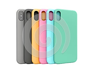 Multicolored phone cases presentation for showcase 3d render on white no shadow
