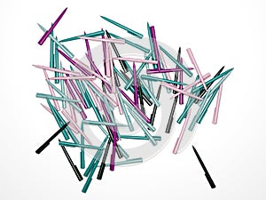 Multicolored plastic ballpoint pens are randomly scattered on a white background. 3D rendering