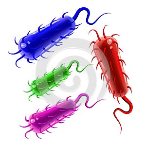 Multicolored plastic rod-shaped bacillus bacteria with fimbriae and flagellums toys. Glossy and vibrant vector illustration