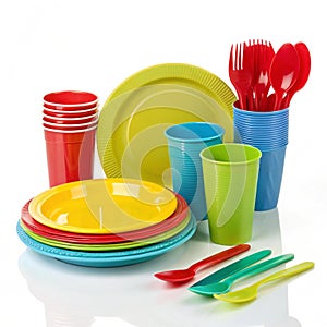 Multicolored plastic tableware isolated on white background