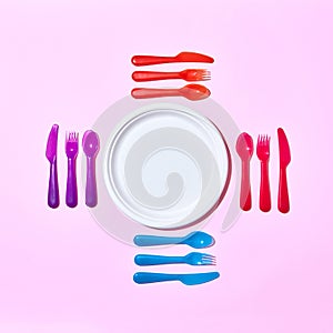 Multicolored plastic utensil around white plate on a light pink.