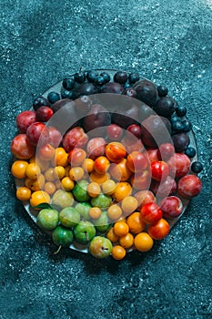 Multicolored plums on a plate are laid out by color.
