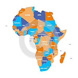 Multicolored political map of Africa continent with national borders and country name labels on white background. Vector