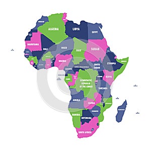 Multicolored political map of Africa continent with national borders and country name labels on white background. Vector