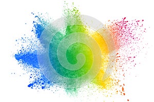 Multicolored powder explosion on white background. Colored cloud.