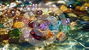 Multicolored precious beautiful stones in water. Selective focus.