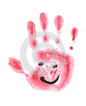 multicolored prints of hands, children\'s creativity, drawing watercolor drawing - a child\'s palm with a sad smile