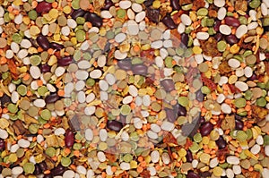 Multicolored pulses, soup mix, pieces of dried vegetables, colourful backgrounds,  white bean soup, green and yellow split pea,