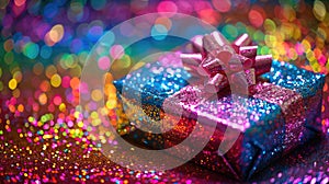 Multicolored rainbow glitter background with a blend of vibrant sparkles, creating a joyful and playful gift wrap option
