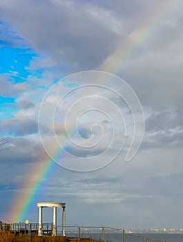 Multicolored rainbow over the sea, Black Sea.