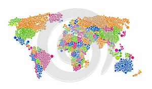 Multicolored raster abstract composition of World Map constructed of spheres items. 3D rendering illustration