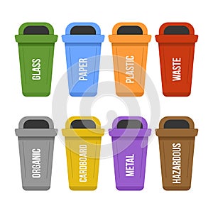 Multicolored recycle standing waste bins for separate garbage collection
