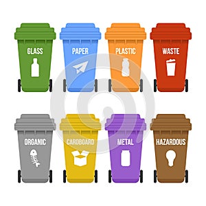 Multicolored recycle waste bins on wheels for separate garbage collection