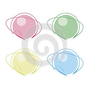 Multicolored red green yellow blue stylized round planet with emblem ring icons isolated on white background.