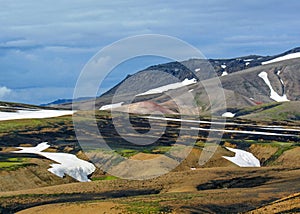 Multicolored rhyolite mountains in active geothermal area Jokultungur, Laugavegur trail, near Landmannalaugar, Fjallabak Nature
