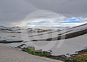 Multicolored rhyolite mountains in active geothermal area Jokultungur, Laugavegur trail, near Landmannalaugar, Fjallabak Nature