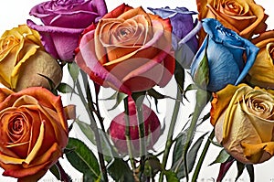 Multicolored roses in full bloom against a white background photo