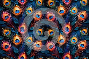 multicolored seamless pattern of colorful peacock tail feathers on black background for the decoration of fabrics and