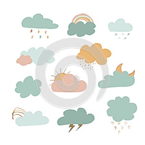 multicolored Set of clouds flat cartoon. Vector flat cartoon illustration for web sites and banners design.