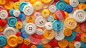 Multicolored sewing buttons spread out in abundance. Top view. Close up. Concept of sewing, crafting, tailoring