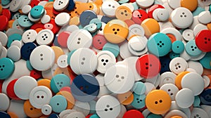 Multicolored sewing buttons spread out in abundance. Top view. Close-up. Concept of sewing, crafting, tailoring