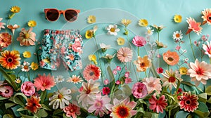 Multicolored shorts and orange sunglasses on a background of cut flowers. Hello summer! Hello spring