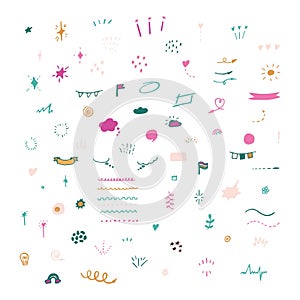 Multicolored simple hand-drawn decorative illustrations set. Doodles, stars, sparkles, hearts, decorations, frames