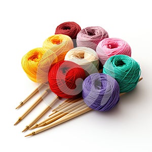 Multicolored skeins of thread and knitting needles on a white background